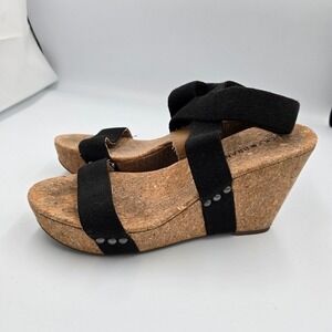 Lucky Brand Wedge Sandals‎ Cork Platform Ankle Strap Casual Black Size 8.5